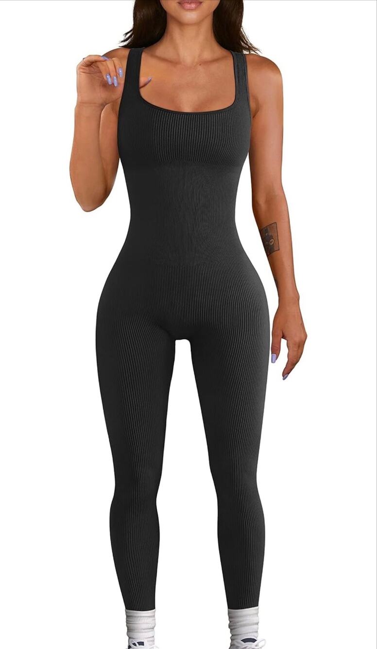 Ribbed Seamless Yoga Jumpsuit Square Neck Workout One Piece Large